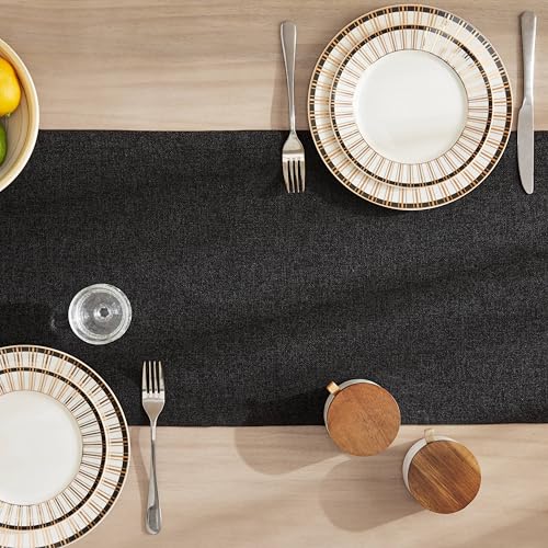 Image of ZeeMart Burlap Style Farmhouse Table Runners 90 Inches Long, Black Rustic Woven Dining Table Runner for Everyday Use, 14x90 Inches, Black