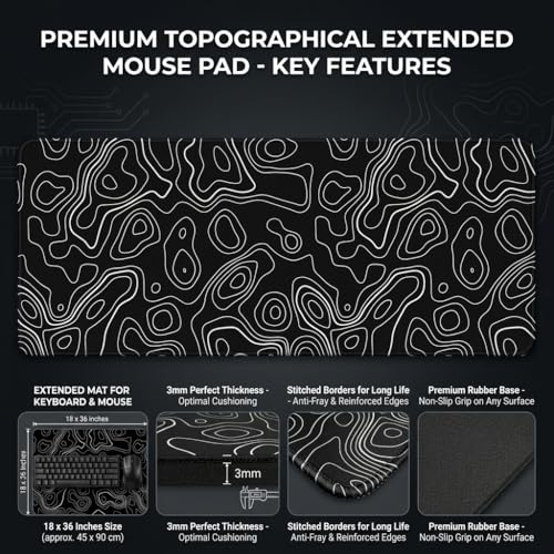 Image of Topography Abstract Desk Mat 458 x 915 mm XXL Extended Mouse Pad for Office & Gaming | Large Keyboard Mouse Pad with Anti-Skid Rubber Base, 3mm Thick, Stitched Edges & HD Printed Surface