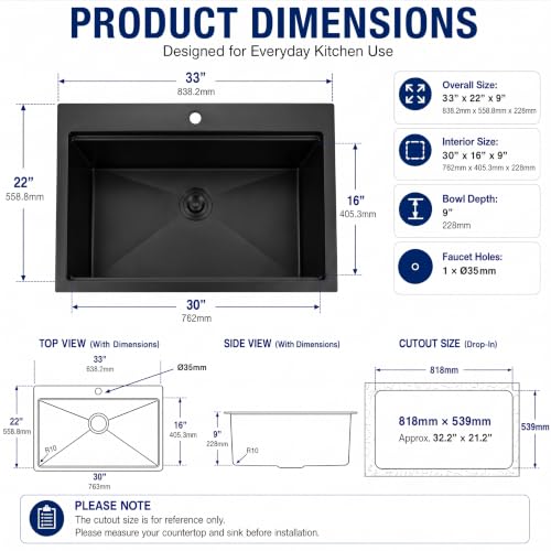 Image of LQS 33 Inch Black Drop In Kitchen Sink, 16 Gauge Workstation Sink