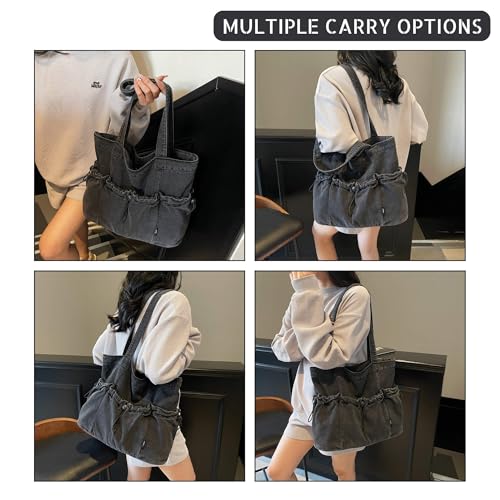 Women's Denim Shoulder Bag with Drawstring, Multi-Pockets Lightweight Hobo Purse for Daily Use Travel Shopping4