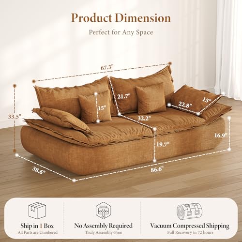 Image of Vesgantti 86.6 inch Cloud Couch for Living Room, Modern 3 Seater Sailboat Sofa with Deep Seat, Comfy Chenille Upholstered Boneless Couch with Curved Armrest, No Assembly Required, Orange