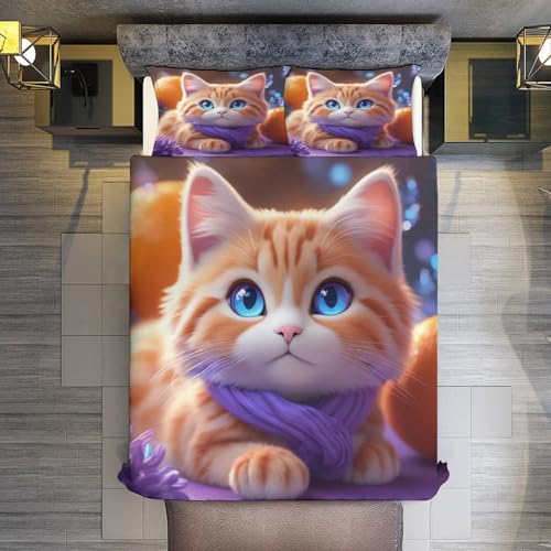 Parure de lit chat housse de couette double 200x200cm avec taies