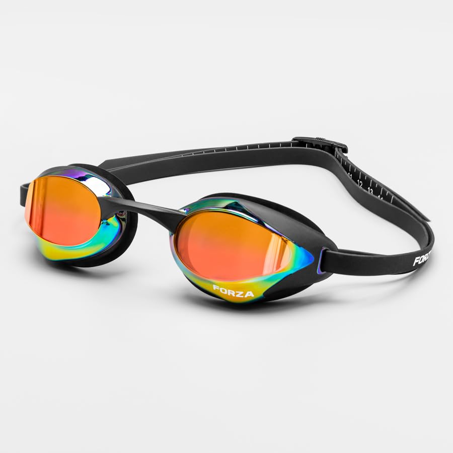 FORZA Racing Swimming Goggles [Adults] | Panoramic Mirrored Anti-Fog Lenses with UV Protection & Adjustable Double Strap - Multiple Colourways (1, Black/Multi)