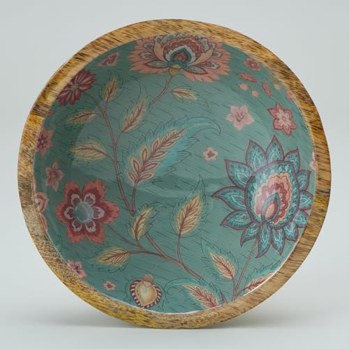 Image of SAAGA Printed Mango Wood Mixing Bowl - 8 x 2.5 Inch Large Wooden Serving Bowl | Stylish Salad, Fruit & Snack Bowl - Reverie Printed Bowl