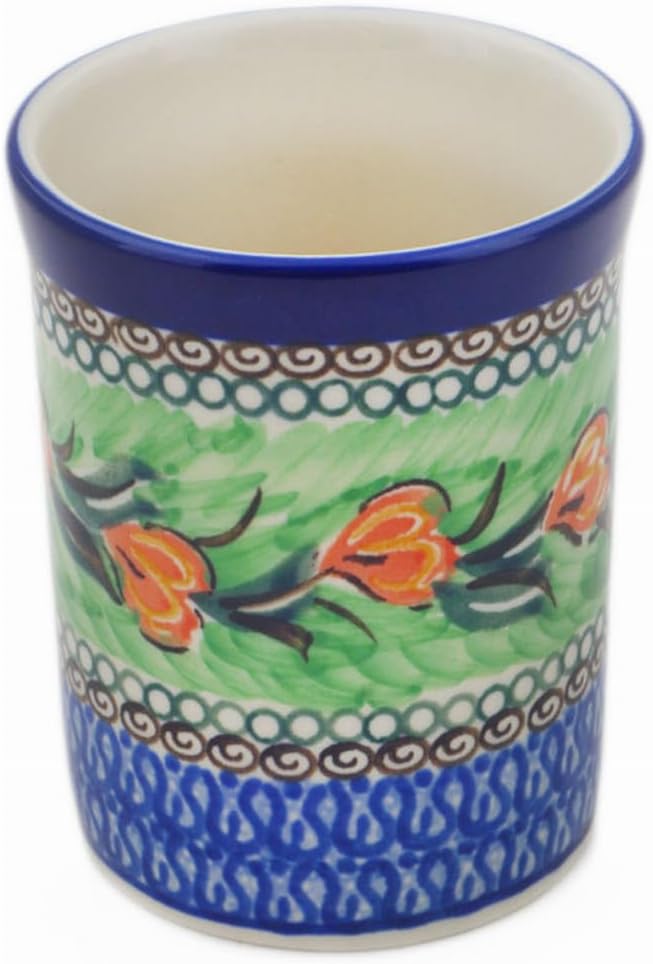 Authentic Polish Pottery Tumbler Signature UNIKAT in Tulip Wreath Design Handmade in Bolesławiec Poland by Ceramika Artystyczna + Certificate of Authenticity