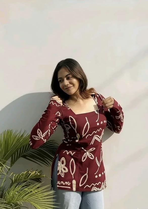 Image of FELISIA Women's Full Sleeves Rayon Printed Square Neck Short Kurti, Bell Sleeves, Short Kurti for Women, Stylish Ethnic Top, Daily Casual Western & Office wear