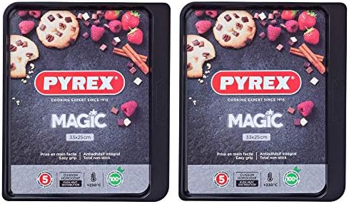 Pyrex Magic Rectangular Baking Tray Easy Grip Non Stick Coating 33 x 25cm Black (Pack of 2)