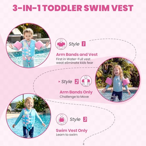Zeraty 3-in-1 Toddler Kids Swim Vest with Detachable Arm Bands for 30,40,50,60,70 lbs Boys Girls Ages 2,3,4,5,6,7,8, Full Upper Torso Zip Pool Floaties Training Jackets Adjustable Safety Crotch Strap — view 2