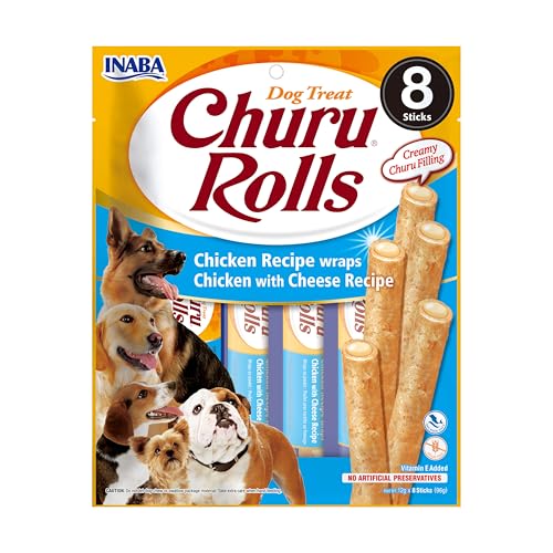 INABA Churu Rolls Perros- Premios Saludables - Receta de Pollo y Queso - proteína Ideal para Adiestramiento - Sin colorantes ni conservantes - 96g (8 x 12g)
