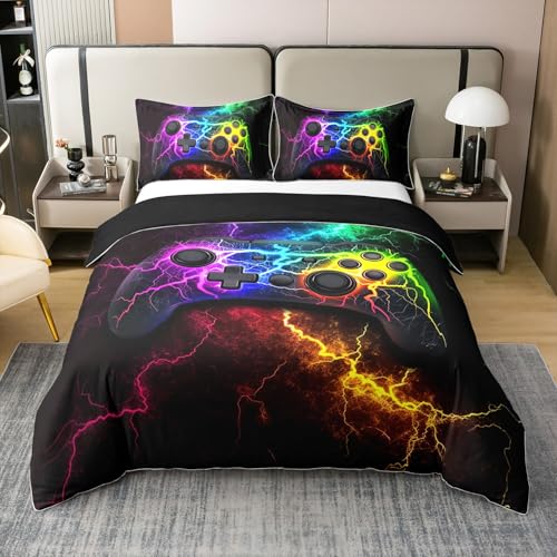 Homewish Gamer Coton Housse de Couette 140x200 pour Enfants Adultes,Cadeaux de Joueur de Jeux Literie Set,Consoles de Jeux Neon Parure de Lit,Arc en Ciel...