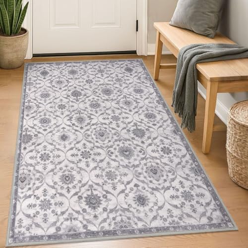 KILOCOCO 3x5 Moroccan Super Soft Area Rug Washable Living Room, Vintage Floral Rug Indoor Non-Slip, Print Faux Wool Accent Indoor Entryway Rug for Laundry Playroom Office, Grey