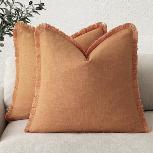 Image of Foindtower Set of 2 Decorative Linen Fringe Throw Pillow Covers Cozy Boho Farmhouse Cushion Cover with Tassels Soft Accent Pillowcase for Couch Sofa Bed Living Room Home Decor,18x18 Inch,Dusty Orange