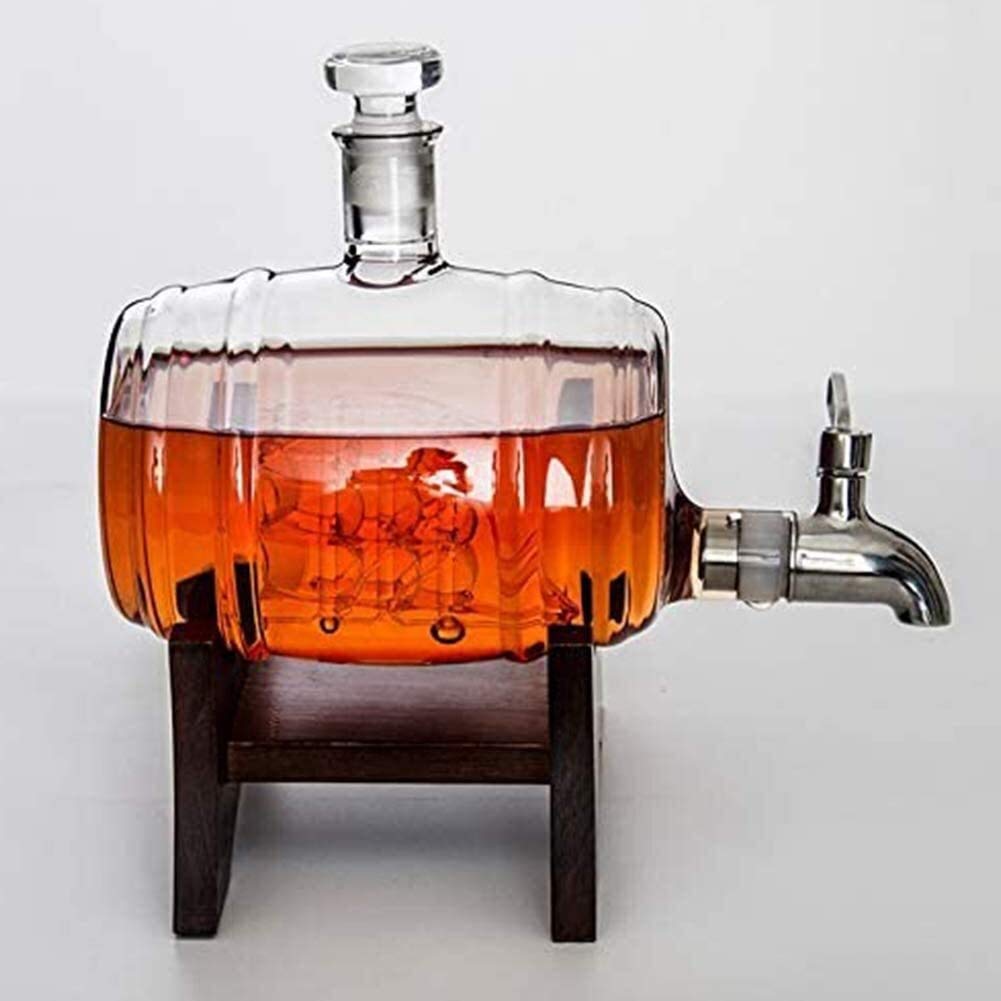 Dekanter na wino, regał na butelki z drewna, zestaw do whisky, szklany pojemnik 1000 ml, dekoracja stołu barowego, ręcznie wykonana, bezołowiowa (przezroczysta)