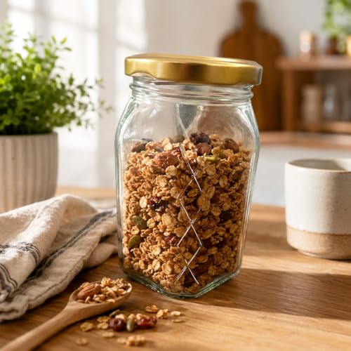Image of Pure Source India Premium Clear 6 Pcs Glass Jar with Gold Lug Cap | Airtight Food Storage Jar for Honey, Jam, Pickles, Spices & Preserves (250 gm)