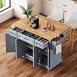 Yayzy Rolling Kitchen Island with Drop Leaf, 4 Cabinet Doors, 3 Drawers & Side Storage Racks, Mobile Kitchen Cart with Rubberwood Top & Locking Wheels for Dining Room & Kitchen, 54-Inch, Grey Blue
