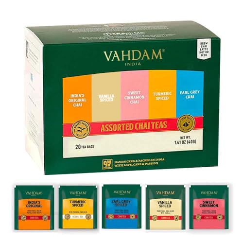 VAHDAM, Assorted Chai Tea Bags Sampler (5 Flavors, 20 Ecofriendly Pyramid Tea bags) I Gift Ideas for Women | Masala Chai Tea Varieties from India | Gluten Free & Non GMO | Mother’s Day Gift for Mom