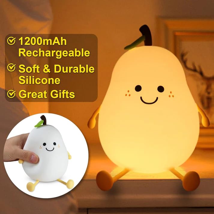Image of XERGY Cute Pear Silicone Night Light for Kids - USB Rechargeable LED Lamp with 7 Color Changing, Tap Control, Timer Soft Bedside Night Lamp for Bedroom, Nursery, Gifts & Home Decor