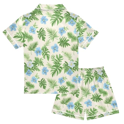 Hand Drawn Floral Summer Satin Pajama Set, Cute Button-Down Sleepwear Pj Set for Sleep Wears2