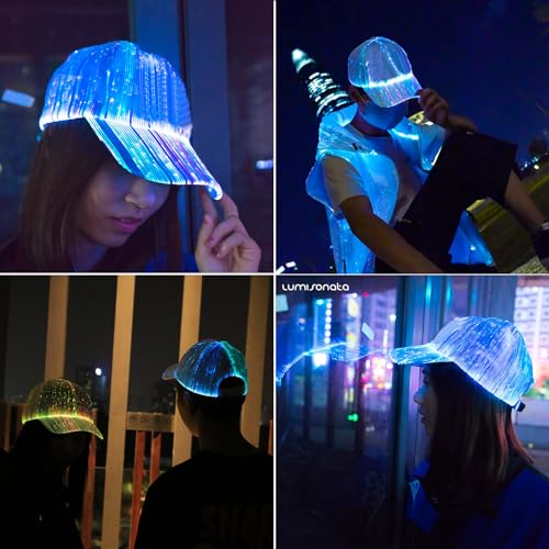 Image of lumisonata LED Cap Fiber Optic Hat EDM Baseball Caps Light Up 7 Colors Glowing USB Charging Hats Rave Accessories for Party