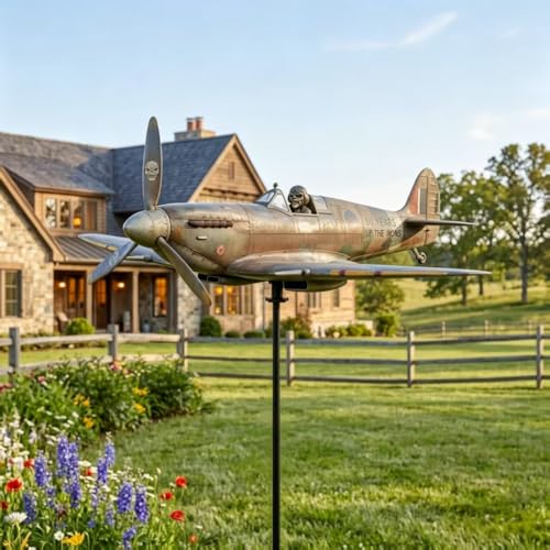 50th Anniversary Commemorative Garden Wind Spinner Vintage Airplane Metal Yard Art Flat 2D Outdoor Ground Stake Decor for Patio Lawn & Retro Landscape