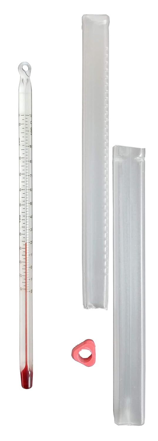 6405-10 Glass Thermometer, Red Alcohol Filled, -10 to 110°C, Partial Immersion, White Back – Pack of 10 with Tubes and No-Roll Sleeves for Lab Use