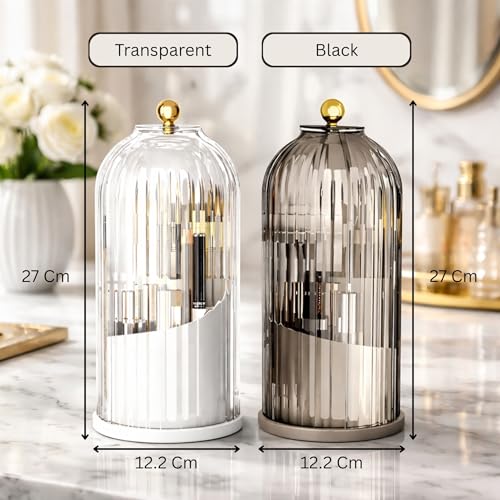 Image of KiZY Luxury 360 Rotating Makeup Brush Holder Organizer | Countertop Organizer Skincare Storage for Vanity, Desktop, Bathroom, Cosmetics | Lipstic, Eyeliners, Perfume Storage. (BLACK-TRANS COMBO)