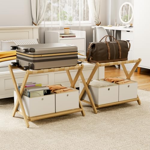 Fully Assembled Luggage Racks Pack of 2 with 4 Storage Boxes, Bamboo 26.77" Folding Luggage Stand for Guest Room, 5 Nylon Straps, Suitcase Stand with Storage Shelf for Bedroom Hotel, Natural