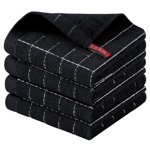 Homaxy 100% Cotton Terry Kitchen Dish Cloths, Ultra Soft and Absorbent Dish Towels for Kitchen, Suitable for Drying and Washing Dishes, 4 Pack, 12 x 12 Inches, Black