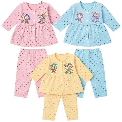 Baby Girl's Fabulous Collection of Printed Full Sleeves Soft Hosiery Cotton Vests,Jhabla Frock with Pyjama Pants Dress for Kids Infant Toddler (Set of 3)
