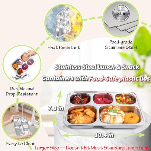 Image of Stainless Steel Snack Containers with Plastic Lids - 3 Pack - 5 Compartments Bento Snack Boxes - Large Reusable Meal Prep for Kids Adult - Divided Food Storage Container for School, Lunch, Home Travel