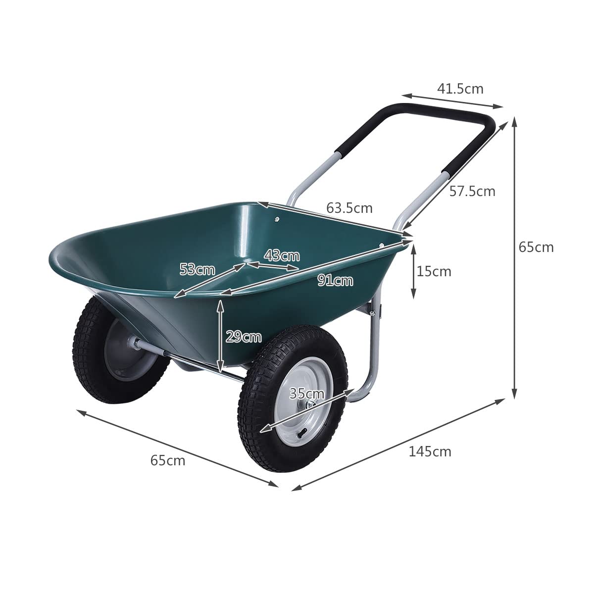 Carretilla de jardín con 2 neumáticos neumáticos, marco de metal y bandeja de polipropileno, mango de agarre suave, resistente para tierra, herramientas y estiércol de caballo, carrito utilitario
