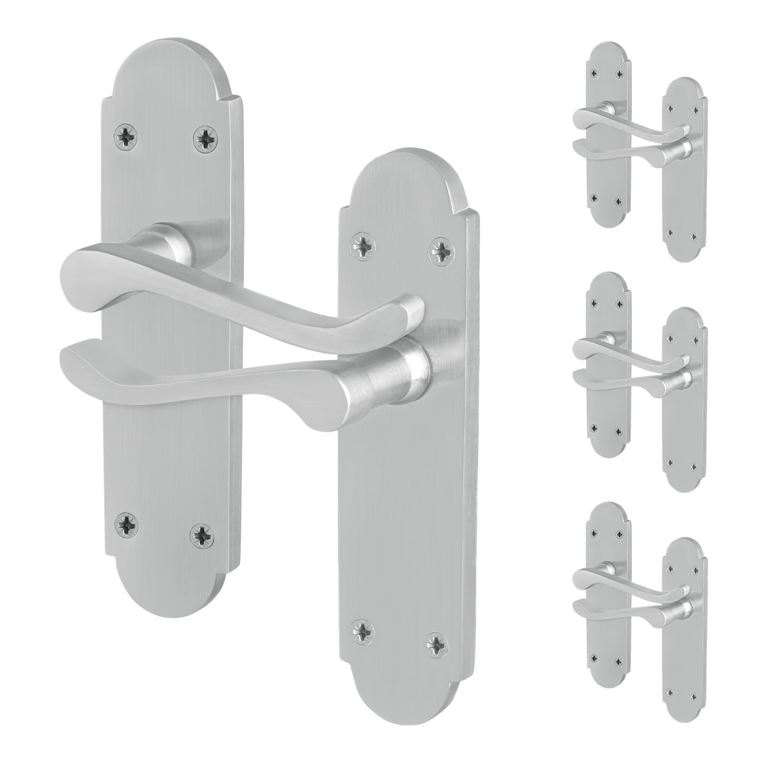 EAI Satin Door Handles Latch, 4 Pairs of Internal Satin Chrome Victorian Scroll Shaped Backplate Handles