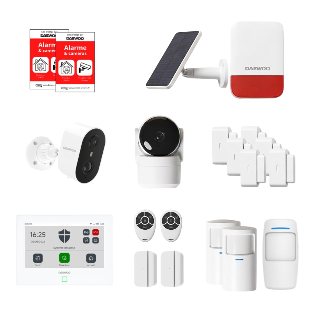 Alarma de casa conectada sin suscripción – Daewoo Security Smart Protect Remote MAX con cámaras HD, Sirena Solar y 8 contactores de Puerta – Compatible con Alexa & Google Home