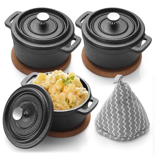 Comparison: Best Mini Cast Iron Cookie Kit 11 BSTKEY Mini Cocotte Set, 3 Pcs Mini Dutch Oven with Lids and Handles, Cast Iron Garlic Roaster with Cork Pan Mat, Stovetop, Oven Safe (8 oz)