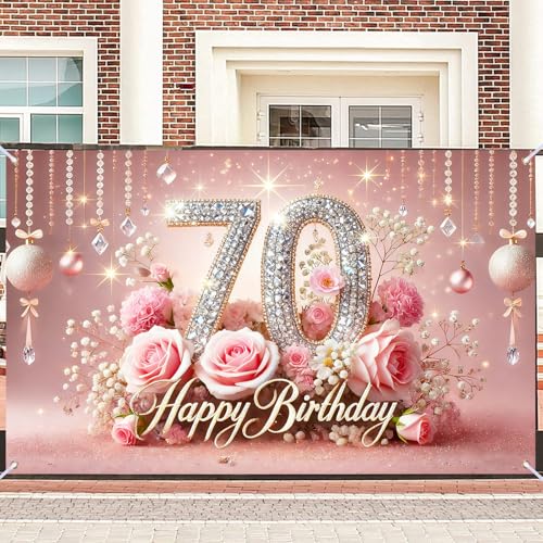 Image of Nuxovilar 70th Birthday Banner - Elegant Pink & Gold Floral Backdrop