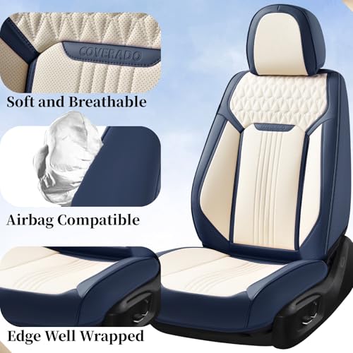Image of Coverado Front Seat Covers, Leather Car Seat Cover, Waterproof Car Seat Protector, Driver Seat Covers Car Seat Cushion Universal Fit for Most Cars, Blue&White