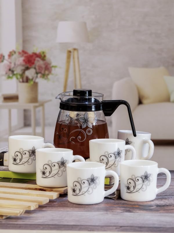 Buy Cello Opalware Tea Set with Glass Pot(Carafe) (Set of 6pcs Mugs