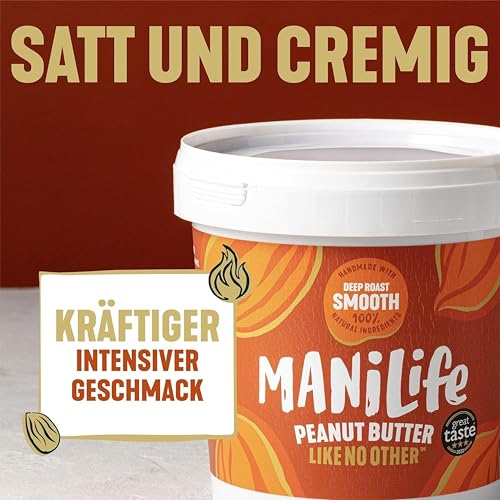ManiLife Erdnussbutter, Peanut Butter, Deep Roast Smooth, 900-g-Dose, Erdnussmus aus besten argentinischen Erdnüssen, vegan, erdnussbutter ohne zucker und palmöl, ohne GVO, bulk erdnussbutter creamy