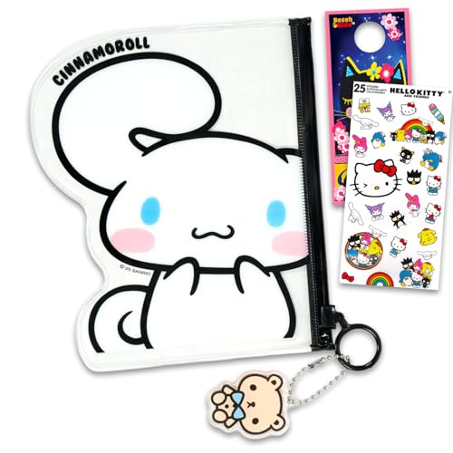 SANRIO Cinnamoroll Conjunto de bolsa de higiene pessoal transparente – pacote de bolsa cosmética transparente para maquiagem, artigos de higiene para viagem, mais adesivos e mais | Bolsa de viagem