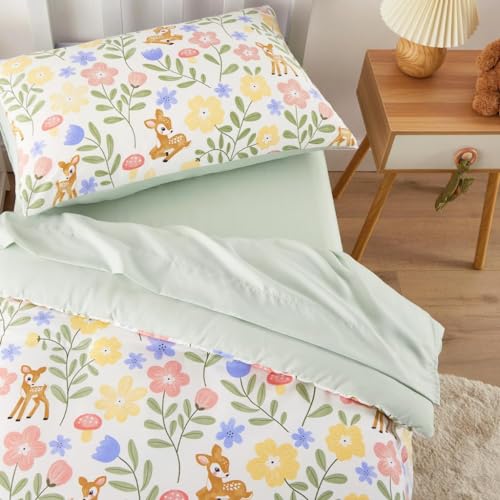 Image of Wake In Cloud - Floral Toddler Bedding Set for Girls, Cute Colorful Botanical Flowers with Deers, 4 Pieces Soft Crib Bed Set Including Comforter, Sheets and Pillowcase, Green Cream