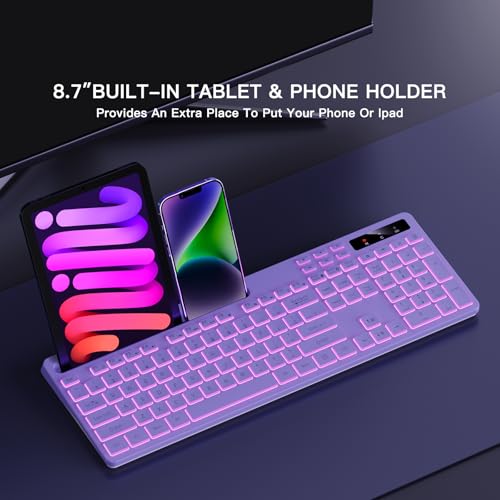 Image of Soueto Wireless Keyboard with 7-Color RGB Backlit, Full-Size Computer Keyboard with Phone Tablet Holder, 2.4G Rechargeable Gaming Keyboard with Light Up Keys, Compatible with Mac, Windows (Purple)