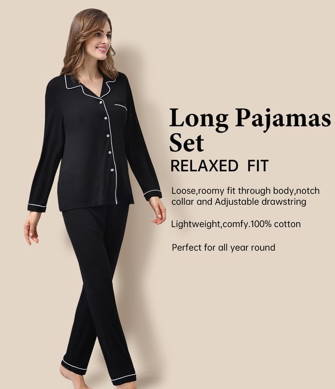 CF Womens 100% Cotton Pajama Sets Long Sleeve Fall Pajamas Soft Button Down 2 Piece Lounge Sets Sleepwear with Pockets S-XXL - Image 5