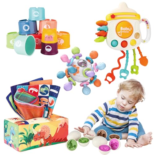Image of KADAYAYA Baby Toys Bundle 5 in 1 Montessori Sensory Toy for Baby 6 12 Months, Dinosaur Matching Eggs, Tissue Box Toy, Pull String, Infant Teething Toys, Stacking Cups Toy Gift for Babies Toddlers