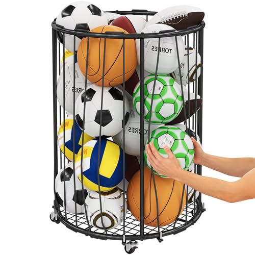 Hencawima Garage Ball Storage: Round Sports Equipment Organizer with Wheels Sports Ball Rack With Elastic Rope Ball Holder for Basketball Soccer Volleyball Football Garage Gym Outdoor (Black)