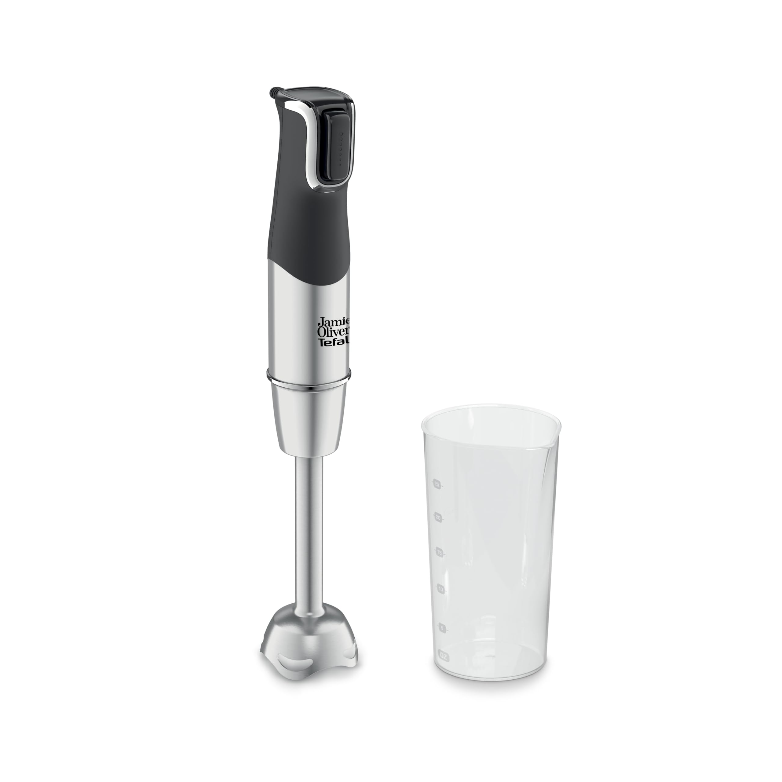 Jamie Oliver by Tefal Stabmixer, Edelstahlklingen, 1200 Watt, Mixerfuß spülmaschinengeeignet, Multi-Speed Trigger, Spritzschutz, inkl. 800 ml Becher, Mixer, Schwarz/Edelstahl, HB95JD10
