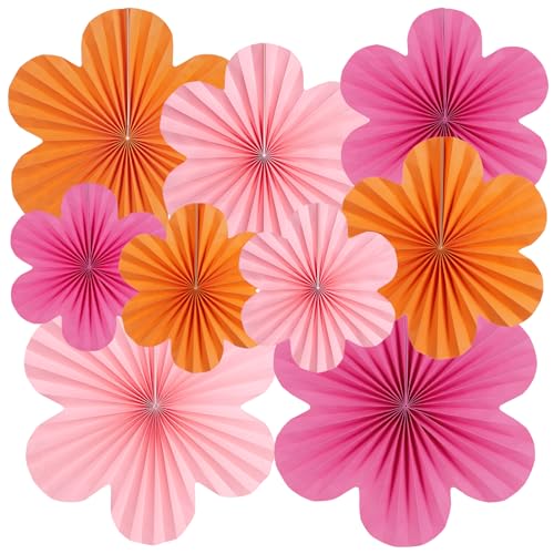 SUNBEAUTY Lot de 9 éventails en papier, guirlande de fleurs orange/rose, à suspendre, décoration de fête pour mariage, anniversaire, salle de classe, baby...