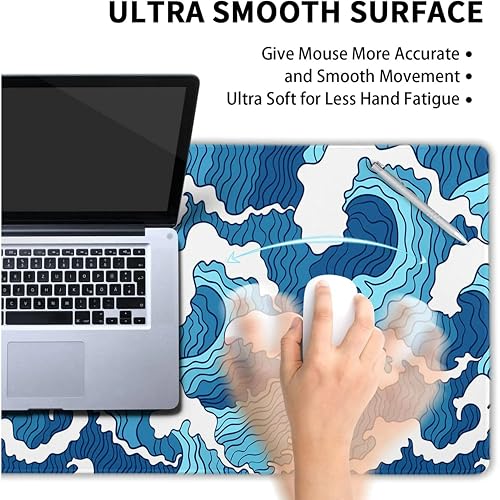 Image of Printed Gaming Mousepad - Premium Stitched Edges, Smooth Surface,Size 11x23 inches, Non-Slip Rubber Base - Ideal for Office & Gaming Setup (Japanese Blue and White Wave)