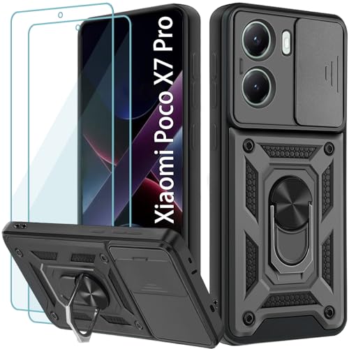 Yohii Funda para Xiaomi Poco X7 Pro 5G 6.67', con 2 Piezas Vidrio Templado, Cubierta De Cámara Deslizante, 360 Anillo Soporte PC y Silicona TPU Bumper Antigolpes Case, Negro