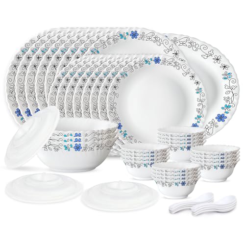 Image of Larah by Borosil 47 Pieces Opalware Silk Series Dinner Set | for Family of 8 | Microwave & Dishwasher Safe | Bone-Ash Free | Crockery Set for Dining & Gifting | Plates & Bowls (Blue IRIS)