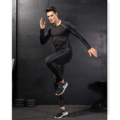 LaoZan Unisex Kompressions-Shirt Hose 2 Pcs Set Atmungsaktiv Elastizität Langärmlig Funktionsshirts Hosen Sportbekleidung (Schwarz(Grau Linie)(Herren), M)